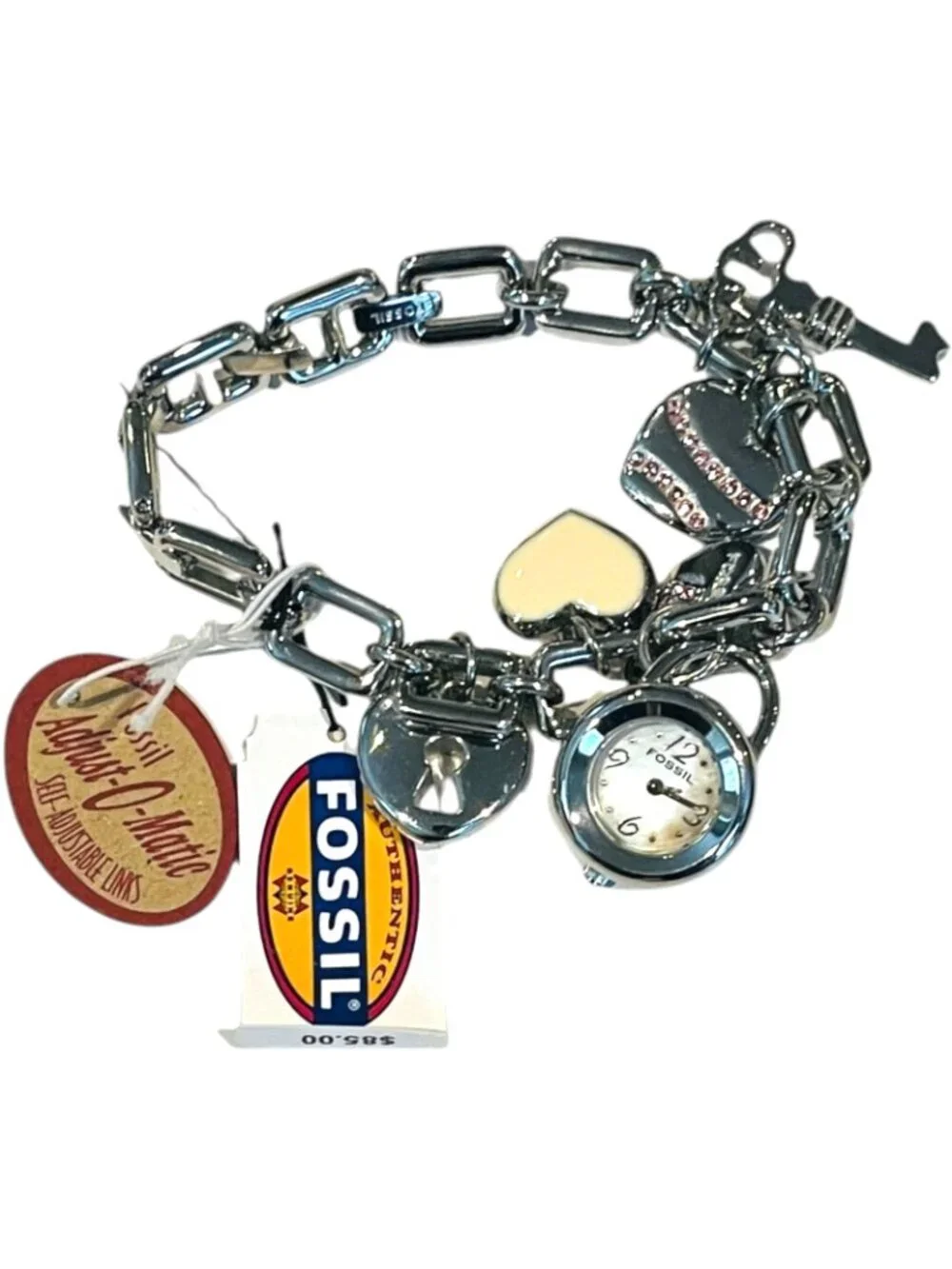 Fossil Adjust O Matic Watch Bracelet with Heart Charms - NEW with tags